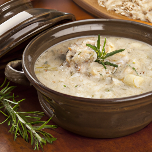 A bowl of creamy chicken and wild rice soup, garnished with fresh herbs and served in a Dutch oven.