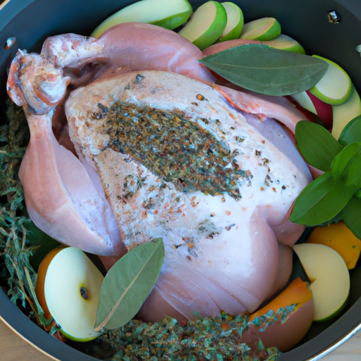 Preparation of the turkey with herbs and spices before cooking in the Dutch oven.